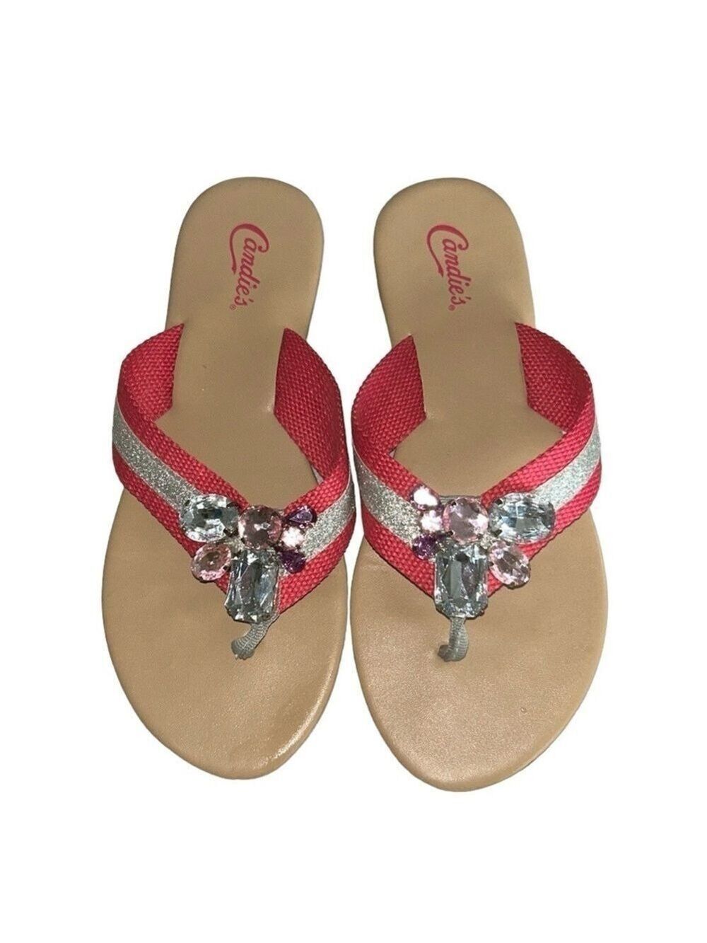 Candie’s Bejeweled Hot Pink and Metallic Silver Flip Flops with Jewels Size 7.5 - Picture 2 of 10